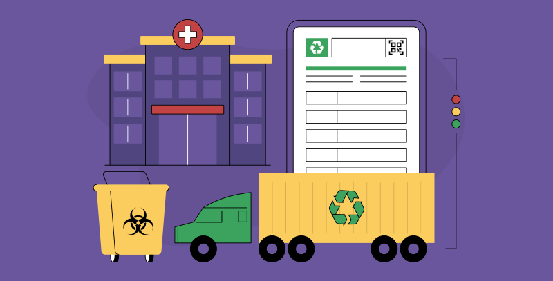 Hospital, container com símbolo de biohazard e caminhão de coleta, ilustrando responsabilidades do manifesto de transporte de resíduos.