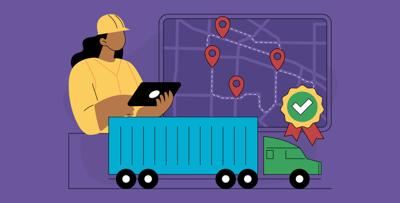 Profissional de gestão de transporte com tablet, caminhão, mapa de rotas e selo de compliance.