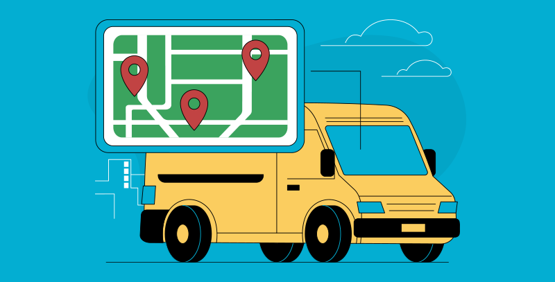 Van com mapa e marcadores de localização para gestão de transporte.