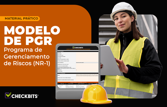  Modelo de PGR em planilha, Programa de Gerenciamento de Riscos da NR-1, aberto num tablet ao lado de um capacete de segurança