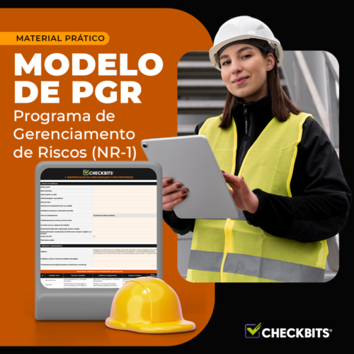 Técnica de segurança com capacete e colete usa tablet para preencher o modelo de PGR em planilha gratuito da Checkbits