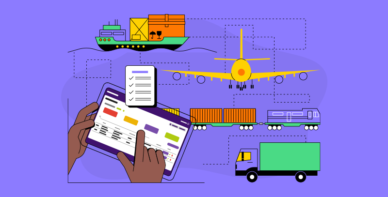Mãos utilizando o Checkbits no tablet com checklist digital ao lado de avião, navio, trem e caminhão para operações de logística internacional.